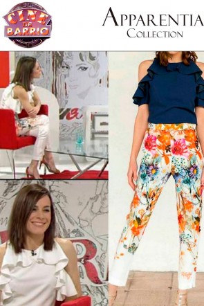 la actriz begona maestre con blusa blanca brisa y pantalon pitillo jacinto estampado de apparentia en programa cine de barrio