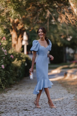 Vestido Plumetti Mangas abullonadas Paros Azul invitada de boda, fiesta