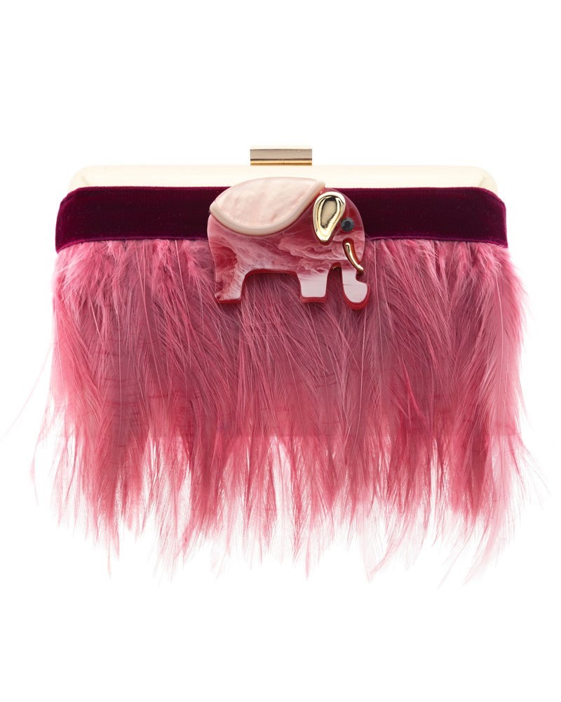 clutch fiesta laton dorado pluma rosa elefante nacar fiesta boda apparentia nochevieja shopping