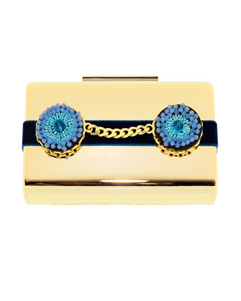 clutch   base laton dorado  con tira azul terciopelo y ojos de canutillos y piedra brillante y cadena dorada fiesta evento boda coctel nochevieja apparentia