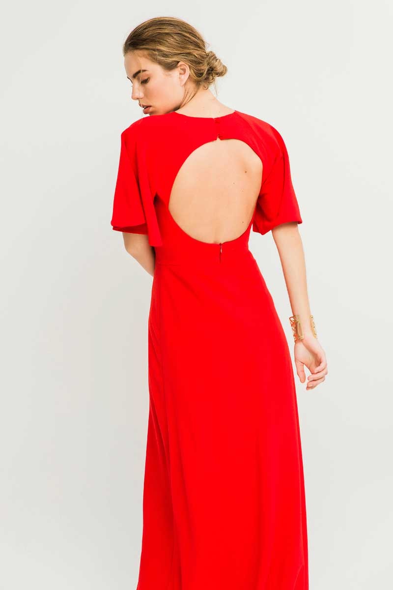 Comprar online vestido largo rojo con espalda abierta y manga corta para invitada de boda de tarde madrina dama de honor pedida de mano graduacion de apparentia collection 2017