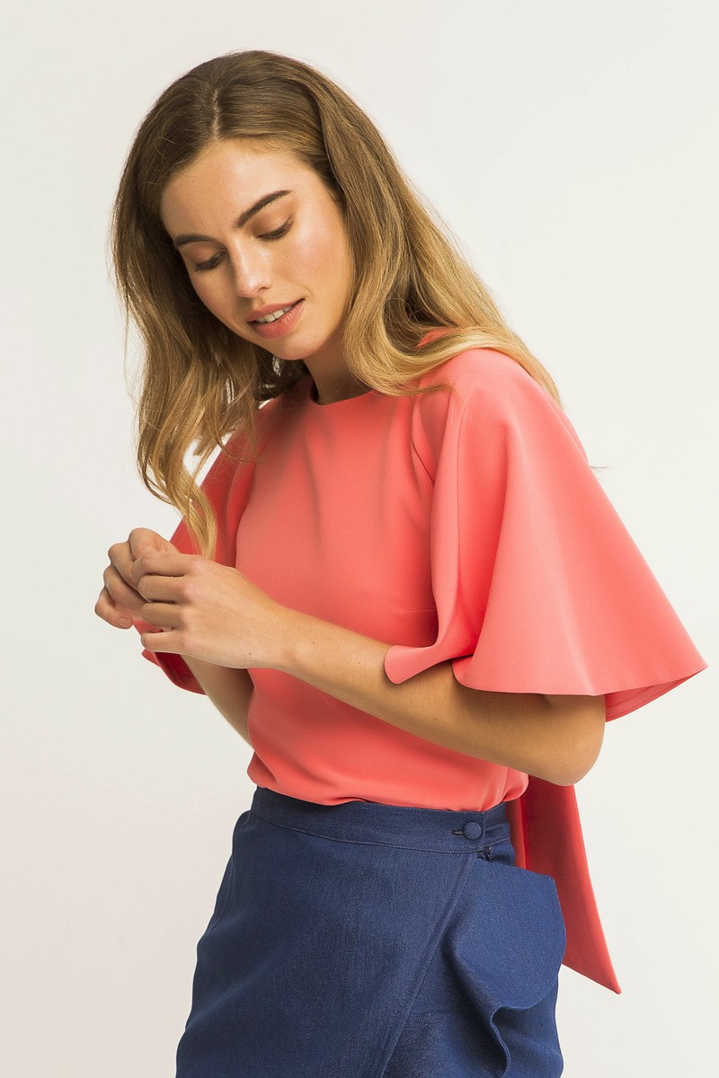 Blusa de fiesta para eventos coral con lazada y manga corta o blusa para invitadas de boda de dia bautizo comunion eventos graduacion cena de empresa