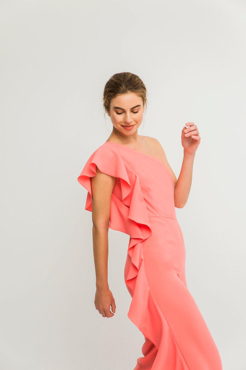 Comprar online mono de fiesta con volantes de crepe coral para invitadas de boda de noche fiesta elegantes shoponline