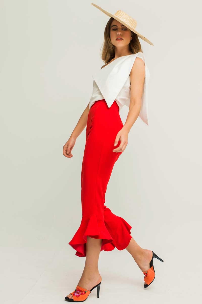 Comprar online pantalon de fiesta crepe rojo con volantes para invitada de boda bautizo comunion graduacion evento fiesta elegante