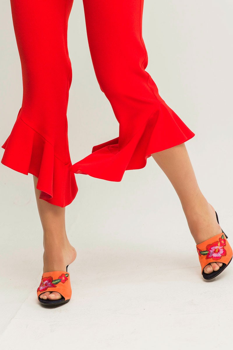 pantalon de fiesta rojo con volante para invitadas de boda bautizo comunion evento shopping apparentia