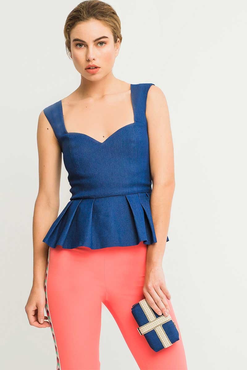 Comprar online top denim con peplum tirantes escote corazon para fiesta de verano graduacion comunion eventos