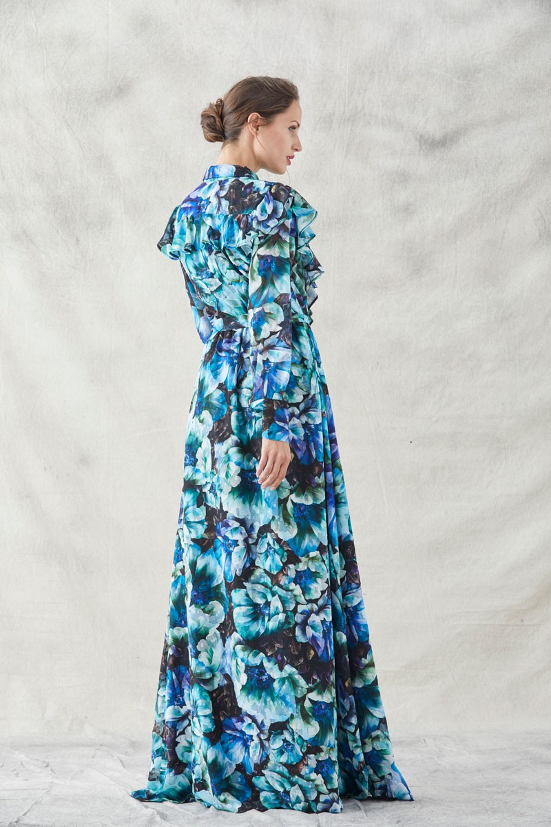 vestidos largos camiseros estampados de flores azules y terciopelo negro con volante para invitadas de bodas eventos fiestas apparentia