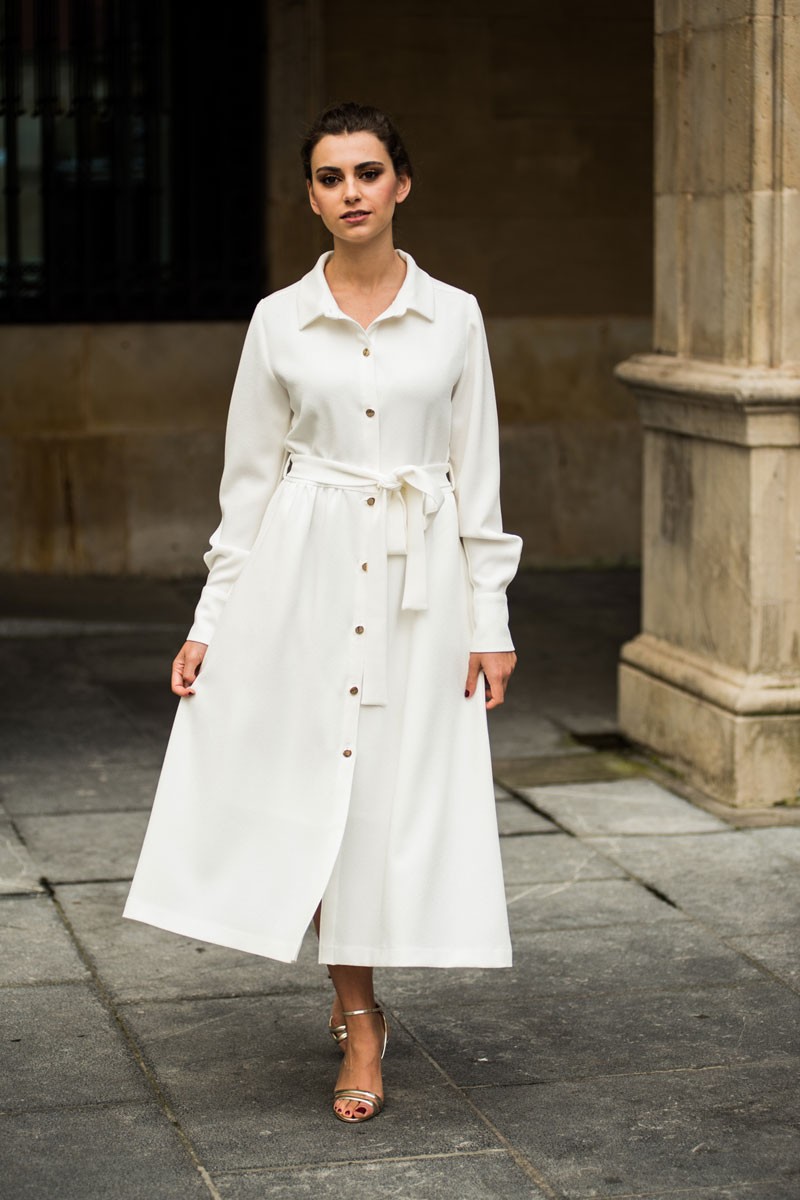 Vestido midi camisero crepe  rizado blanco claro estampado flores abotonado manga larga para invitadas de boda, vestidos para fiestas