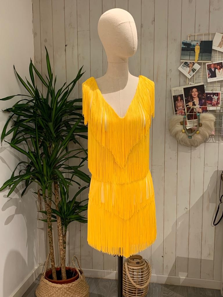 comprar online vestido de flecos corto de fiesta amarillo para invitadas a boda, comunion, graduacion, apparentia