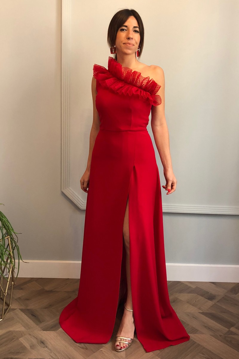 Vestido de fiesta largo rojo para boda asimetrico con volante plumetti y falda con abertura para invitada boda noche, gala de apparentia