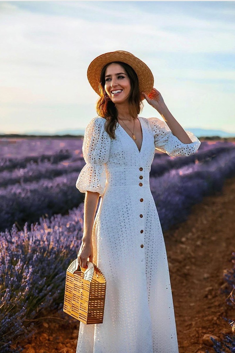 invitada perfecta vestido largo midi blanco troquelado manga abullonada para fiesta de verano boda civil, comunion, evento