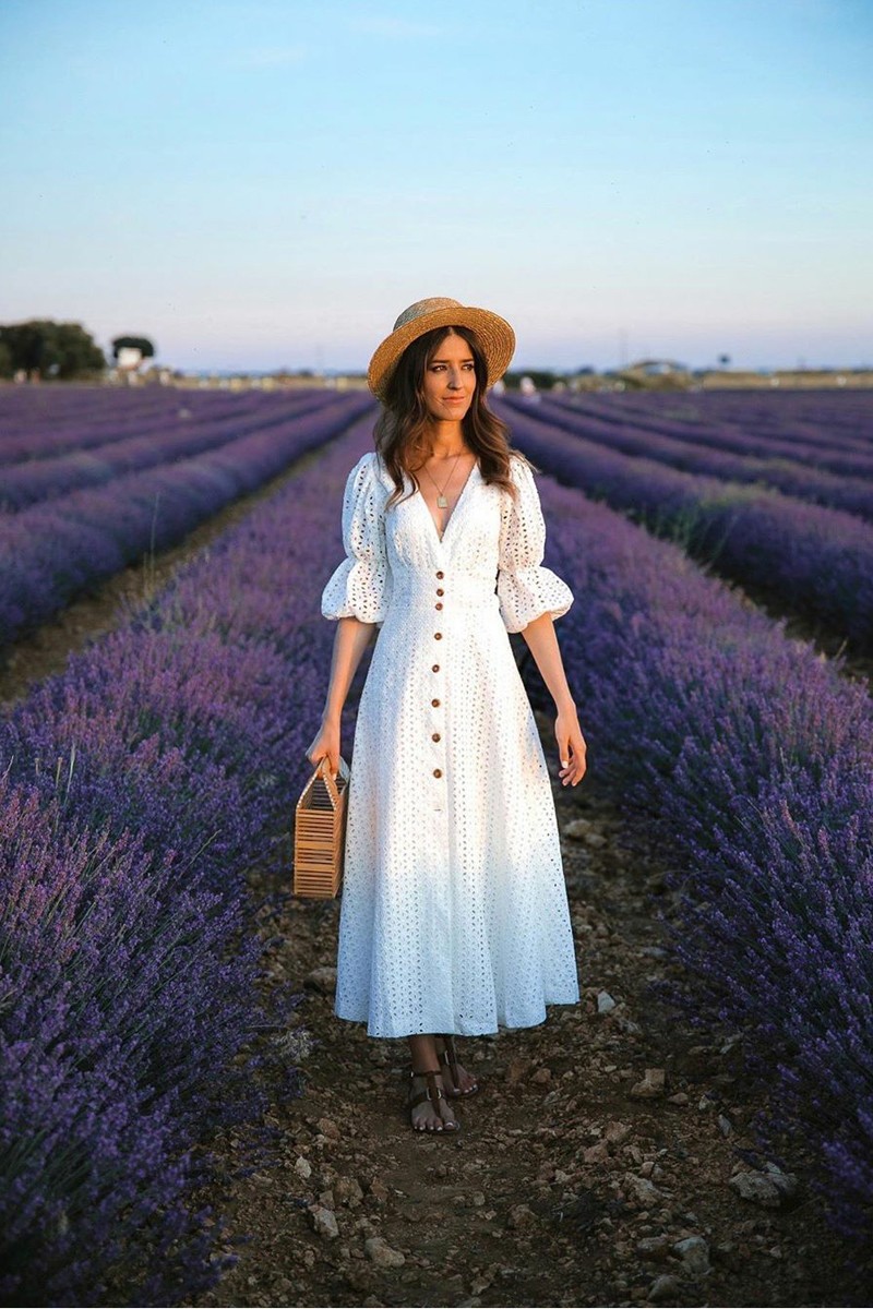 invitada perfecta vestido largo midi blanco troquelado manga abullonada para fiesta de verano