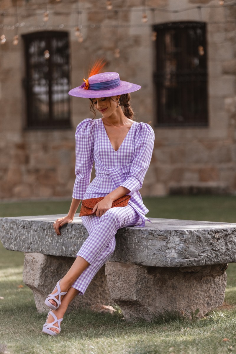 mono para boda cuadro vichy lila y blanco con manga abullonada invitada perfecta, bautizo, comunion