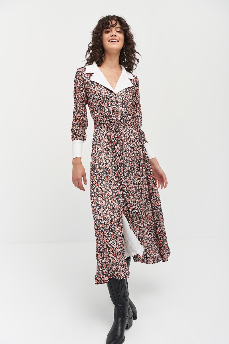 Vestido camisero estampado largo midi con cuello y solapa otoño invierno 2021