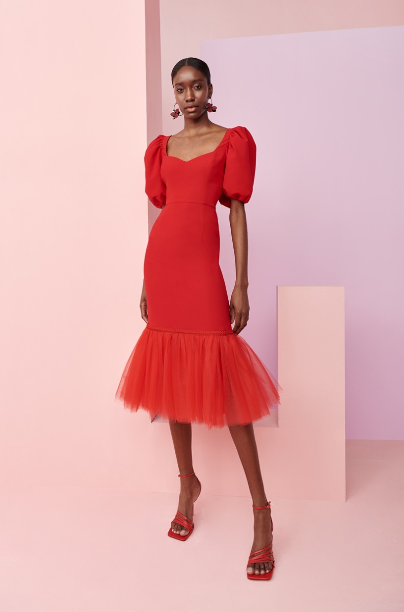 Vestido de fiesta de crepe rojo con mangas abullonadas, escote corazón y volante con tul para invitadas boda comunion bautizo fiesta graduacion