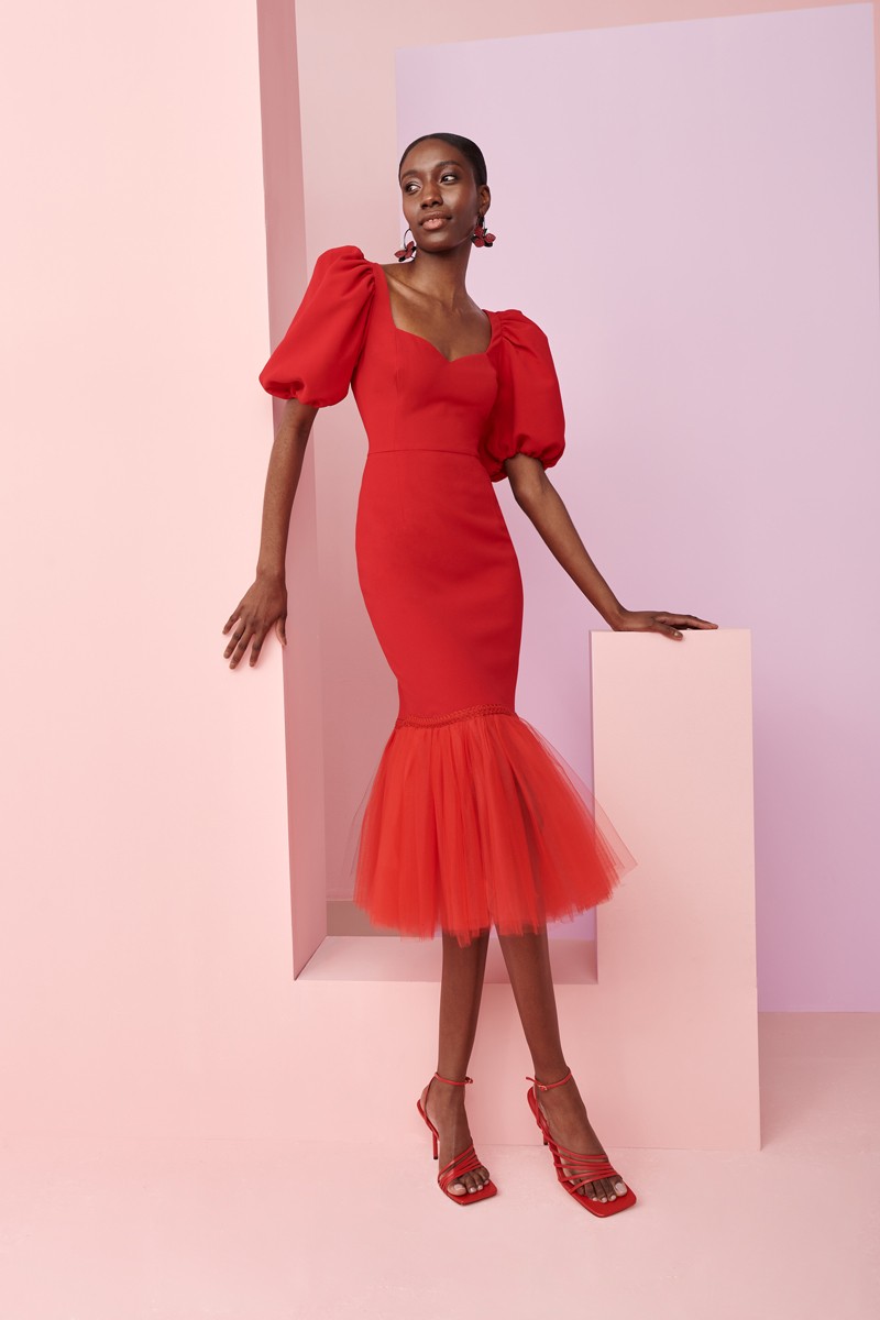 comprar online Vestido de fiesta de creoe rojo con mangas abullonadas, escote corazón y volante con tul para invitadas boda comunion bautizo fiesta graduacion