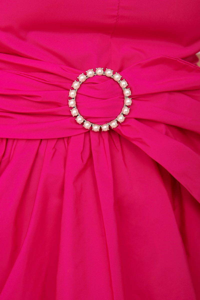 comprar vestido de fiesta de tafeta rosa fucsia con falda de gran volumen asimetrica con volante, escote corazon y mangas globo para invitada a boda, hermano del novio, hermana de la novia