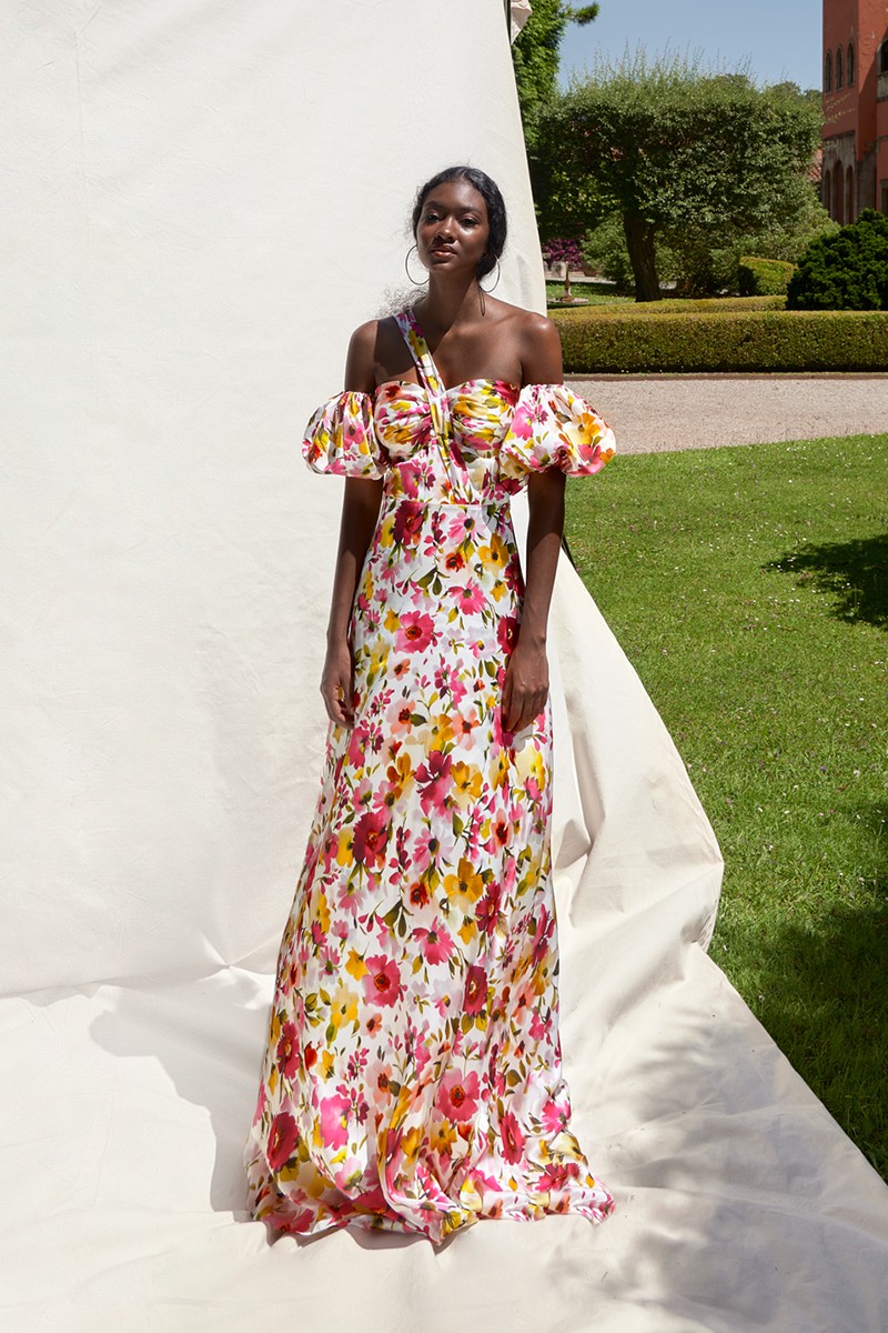  vestido de fiesta largo de crepe saten de flores con escote corazon y manguitas de quita y pon para invitada a boda verano, graduacion