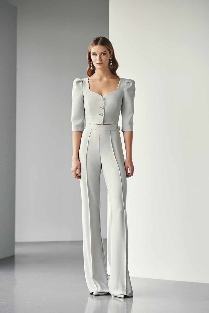 comprar conjunto de top joya y pantalon crepe gris plata para invitada a evento bautizo, comunion, apparentia