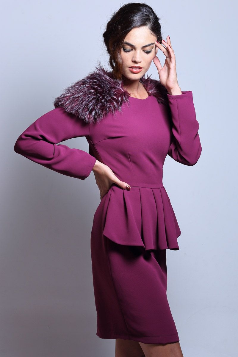 vestido de fiesta con volante peplum y pelo largo en color marsala de manga larga para el otoño invierno 2015 2016 para bodas eventos bautizos comuniones coctel nochevieja de apparentia