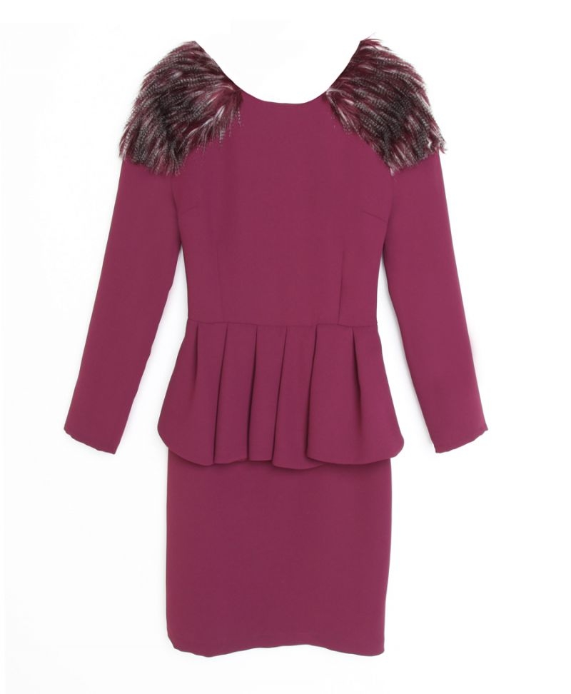 vestido de fiesta corto marsala berenjena con volante peplum manga larga pelo largo de otoño invierno para boda fiesta bautizo comunion evento coctel nochevieja de apparentia