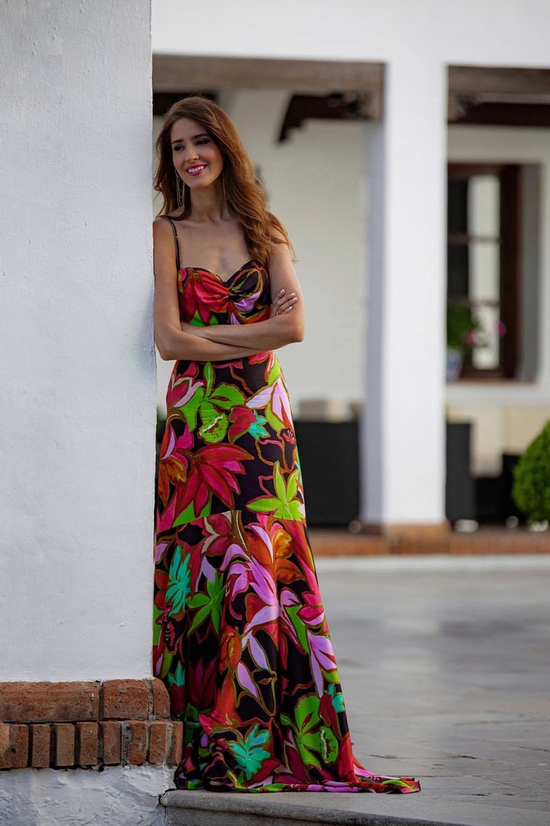 Invitada perfecta Comprar vestido largo estampado flores con tirantes de pasamanería para invitada boda bautizo comunion graduacion fiesta verano 2023