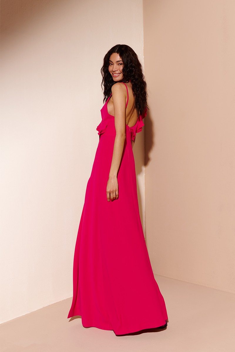 Shop online vestido Largo con Volantes Rosa Fucsia para verano invitada boda comunion graduacion bautizo fiesta