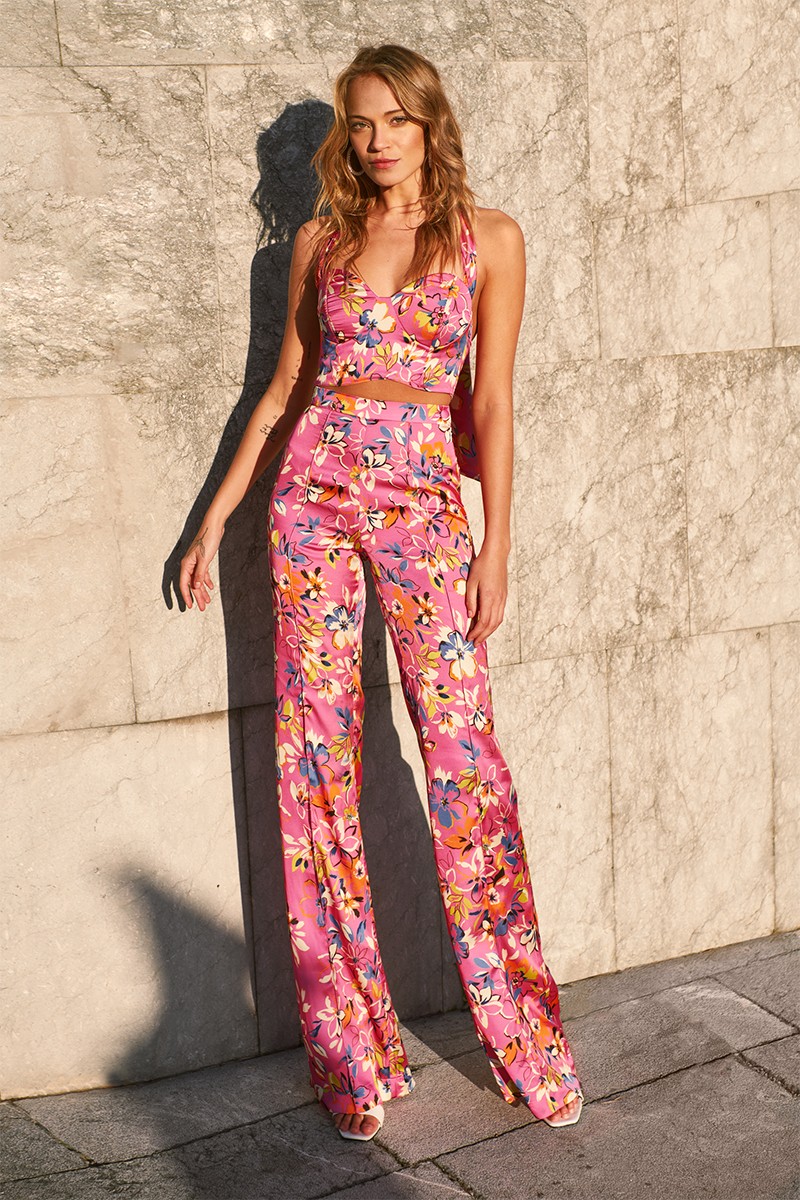 Shop online summer set conjunto top y pantalón palazzo estampado flores rosa para invitada de boda bautizo comunion fiesta graduacion matching set flowers in pink