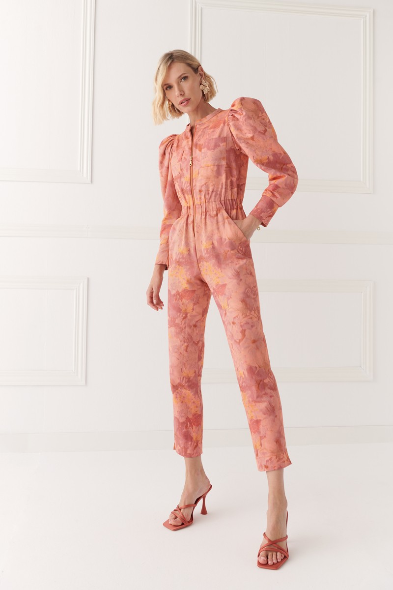 comprar online jumpsuit estampado denim coral con mangas abullonadas para invitada evento, shoponline apparentia