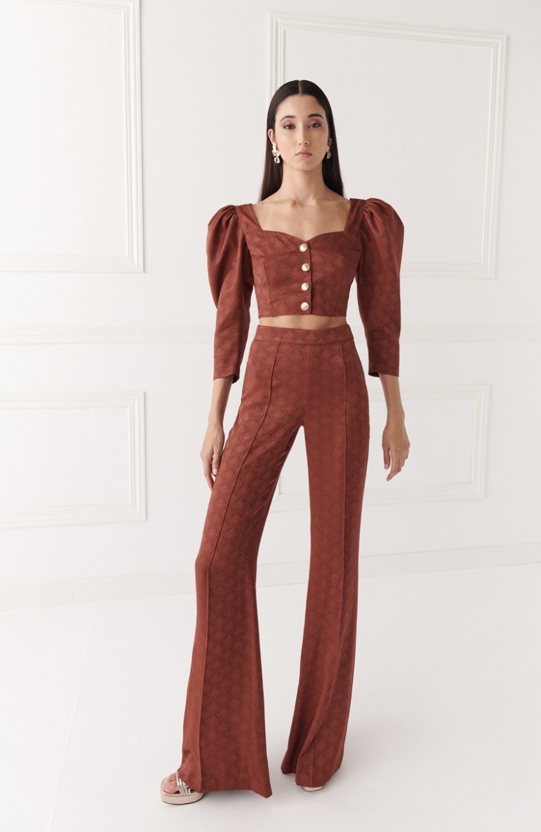 comprar Pantalón palazzo jacquard fluido marron para invitadas bodas, bautizo, eventos, cocktail, fin de semana, nochevieja, shoponline, apparentia