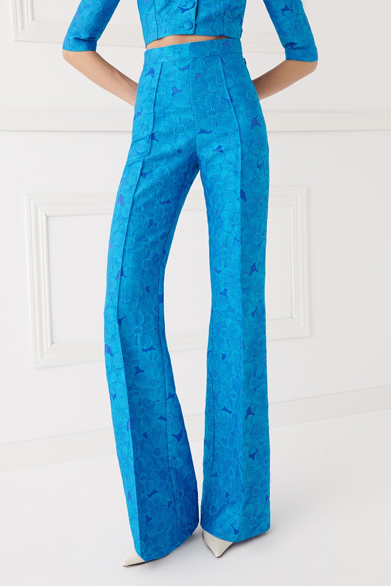 Pantalón palazzo jacquard conjunto brocado azul flores para invitadas bodas, bautizo, eventos, cocktail, fin de semana, comunion, shoponline, apparentia