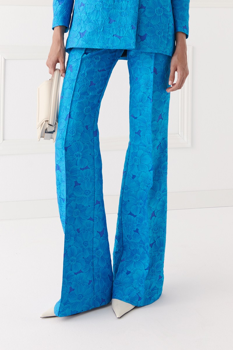 Pantalón palazzo jacquard brocado azul flores para invitadas bodas, bautizo, eventos, cocktail, fin de semana, comunion, shoponline, apparentia