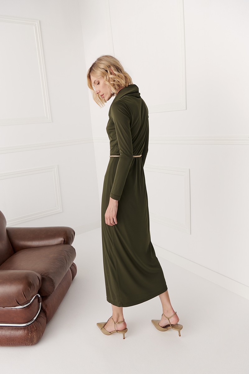 comprar online vestido de punto midi con cuello drapeado verde militar invitadas fiesta boda invierno