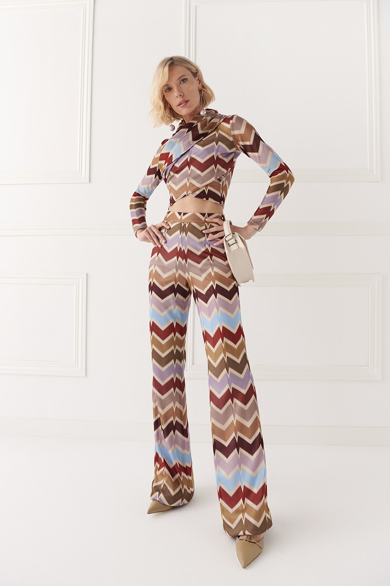 conjunto de Pantalón palazzo y top  de punto con dibujo de espina estampado missoni