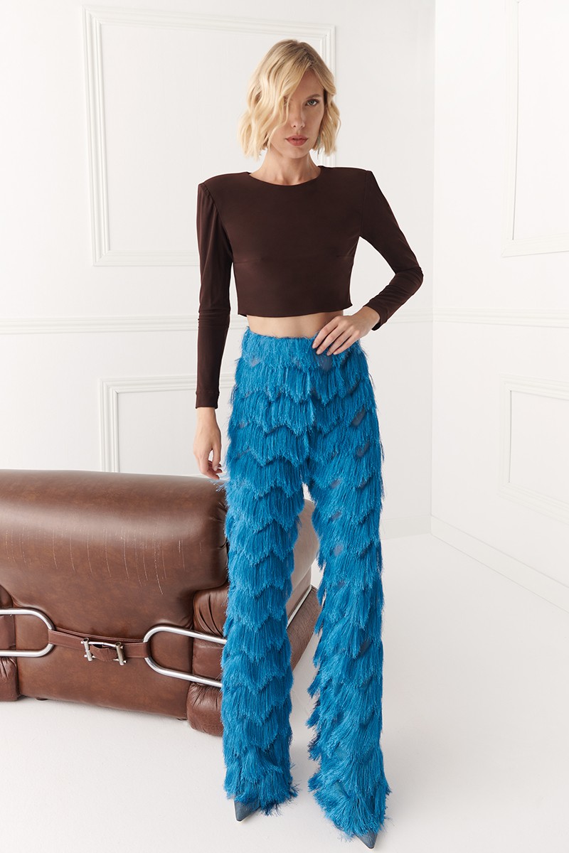 pantalon palazo de flecos azul para invitadas boda fiesta coctel navidad otoño invierno