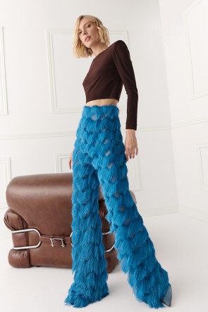 pantalon palazzo de flecos azul para invitadas boda fiesta coctel navidad otoño invierno