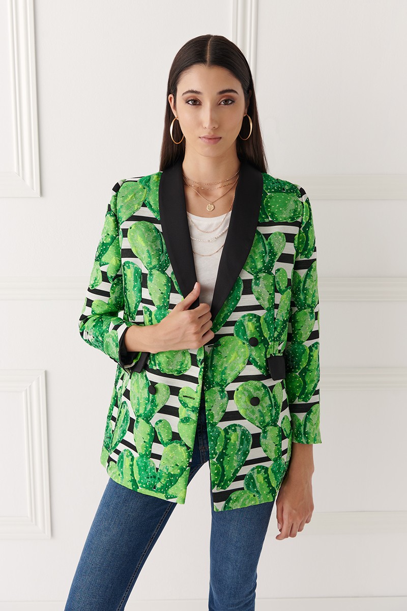 chaqueta americana de jacquard estampada en tonos verde y negros