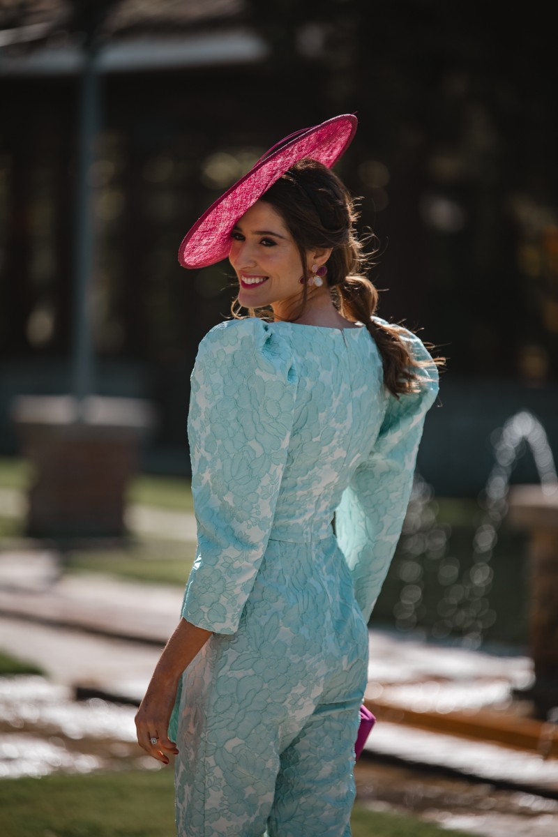 compras Mono de vestir confeccionado en jacquard aguamarina con manga jamon, pantalon estrecho  y lazada en cintura para invitadas boda verano, graduacion, mama de comunion omama de bautizo