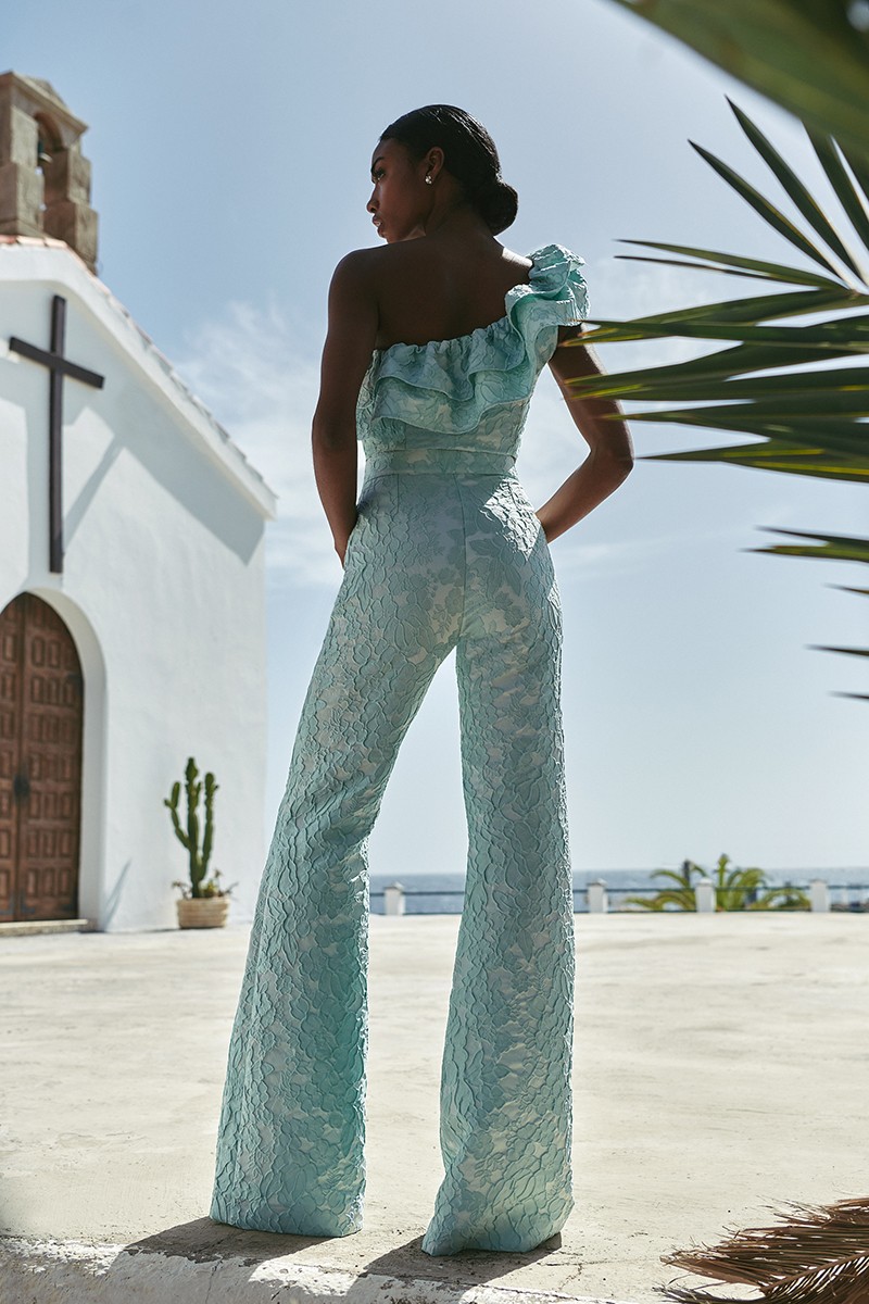 Pantalon de jacquard brocado aguamarina, conjunto para invitada de boda, mamá de comunion o bautizo