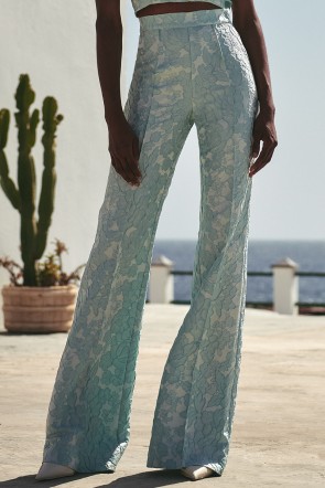 Pantalon palazzo de jacquard brocado aguamarina, conjunto para invitada de boda, mamá de comunion o bautizo