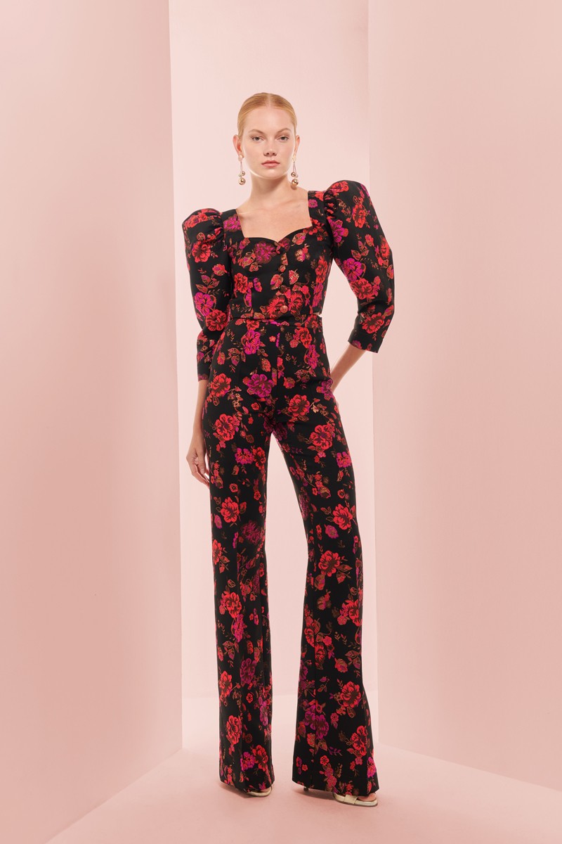 conjunto de top y Pantalon palazzo de jacquard brocado negro con flores, conjunto para invitada de boda de otoño/invierno, mamá de bautizo y comunión, evento de trabajo, navidad