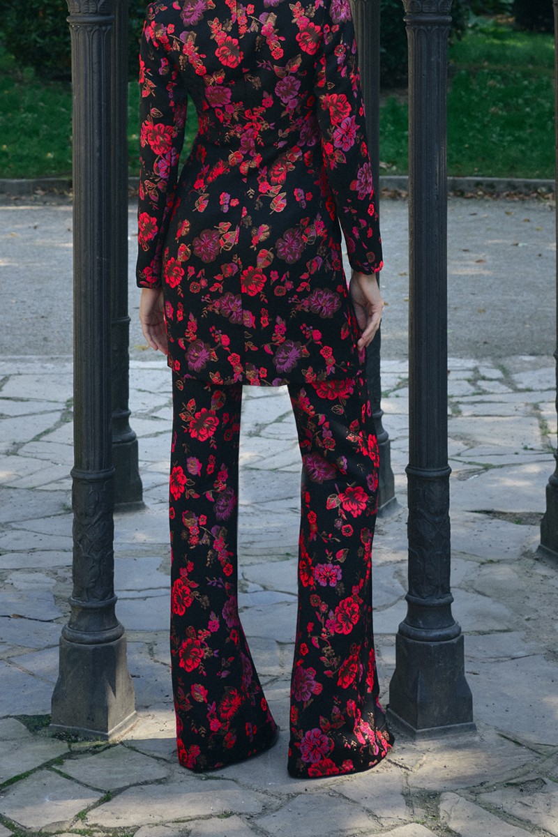 Pantalon de fiesta tipo palazzo de jacquard brocado negro con flores, conjunto para invitada de boda de otoño/invierno, mamá de bautizo y comunión, evento de trabajo, navidad