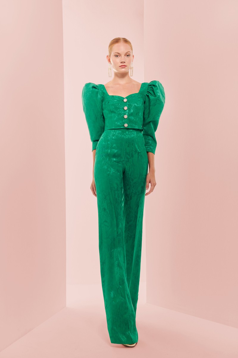 Pantalón palazzo jacquard fluido verde esmeralda para invitadas bodas, bautizo, eventos, cocktail, fin de semana, nochevieja, shoponline, apparentia