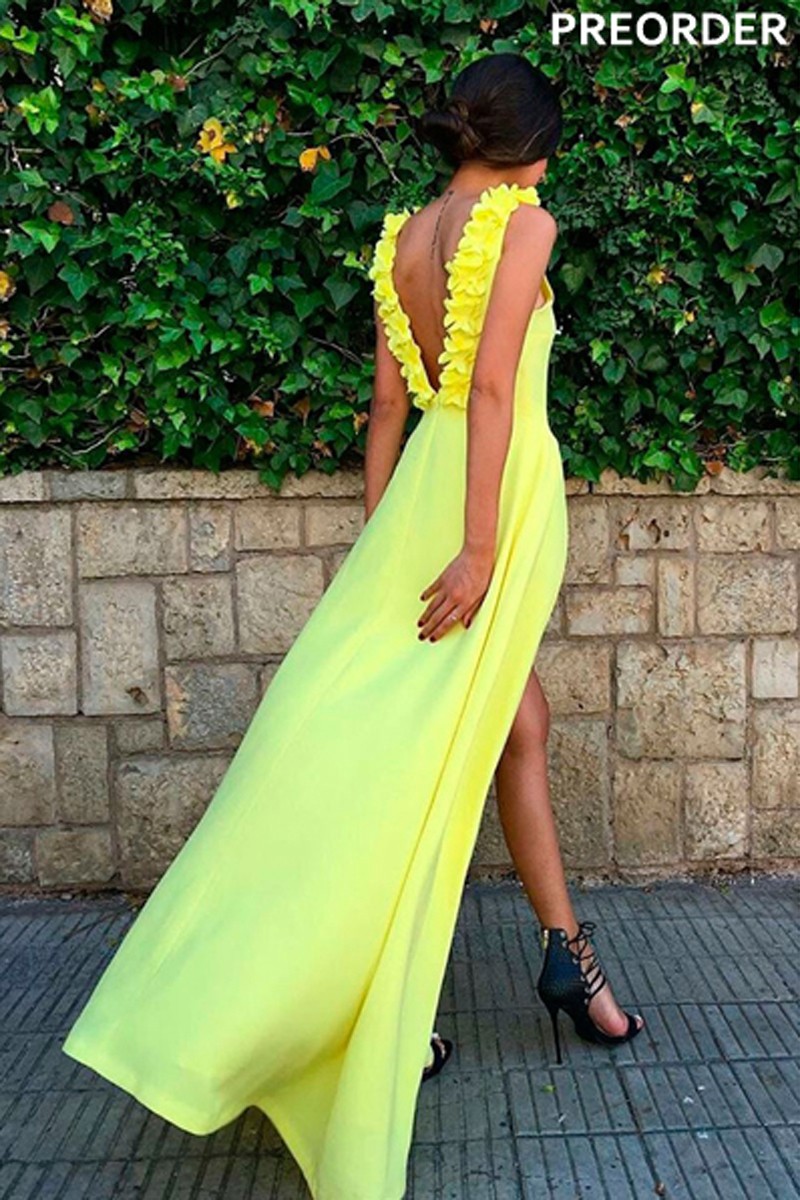 vestido de fiesta amarillo largo con escote en la espalda para boda evento coctel graduacion de primavera verano en apparentia collection preorder